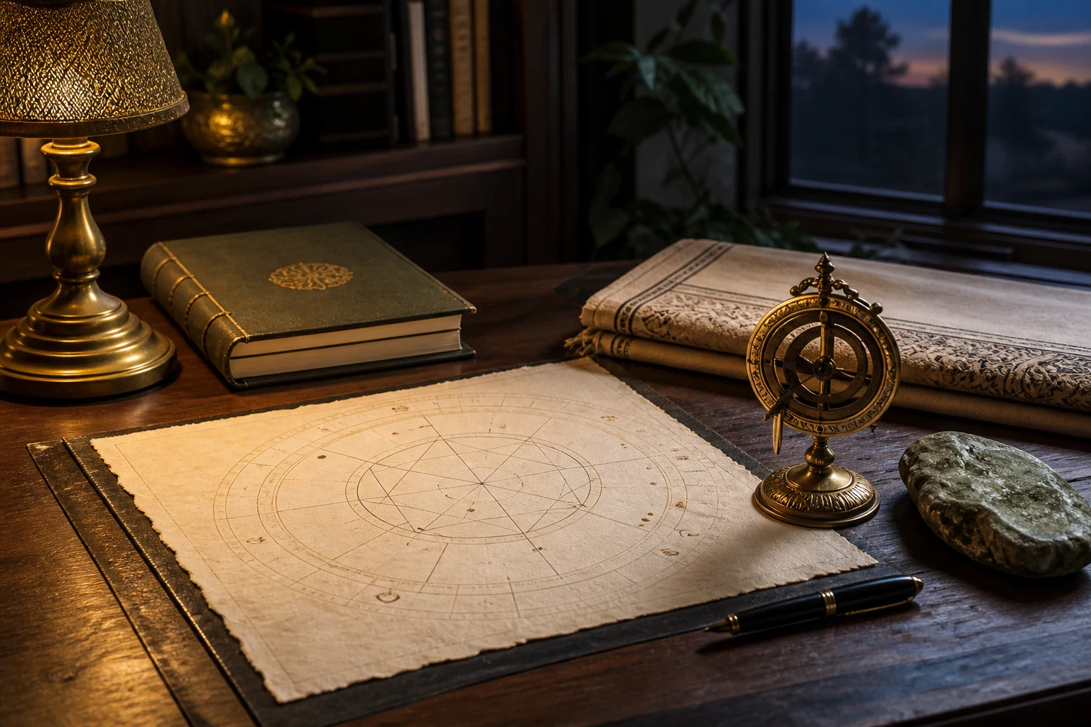 Birth chart and brass celestial instrument prepared for an astrology consultation
