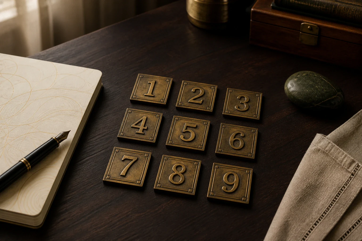 Antique brass number tiles arranged for a numerology consultation